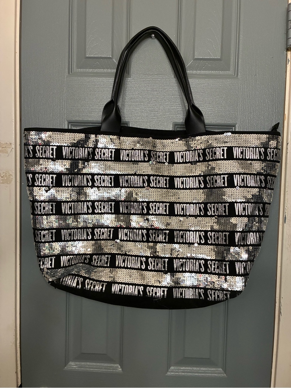 Victoria's Secret Black and Silver Logo Sequin Tote